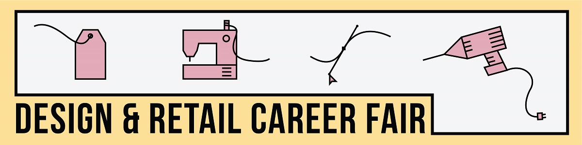 Design & Retail Career Fair with price tag, sewing machine, graphic design and drill images